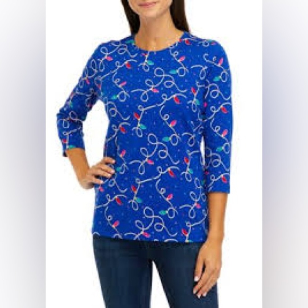 Kim Rogers Women's Christmas Lights Print Long Sleeve T-Shirt Top - Large